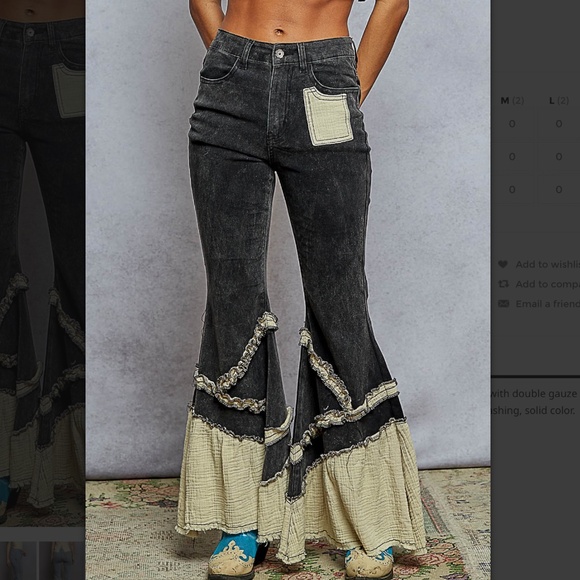 POL “ Marcella 2 “ POL Stretchy Denim Pants with Flared Leg and Gauze Ruffle 44 - Picture 1 of 5